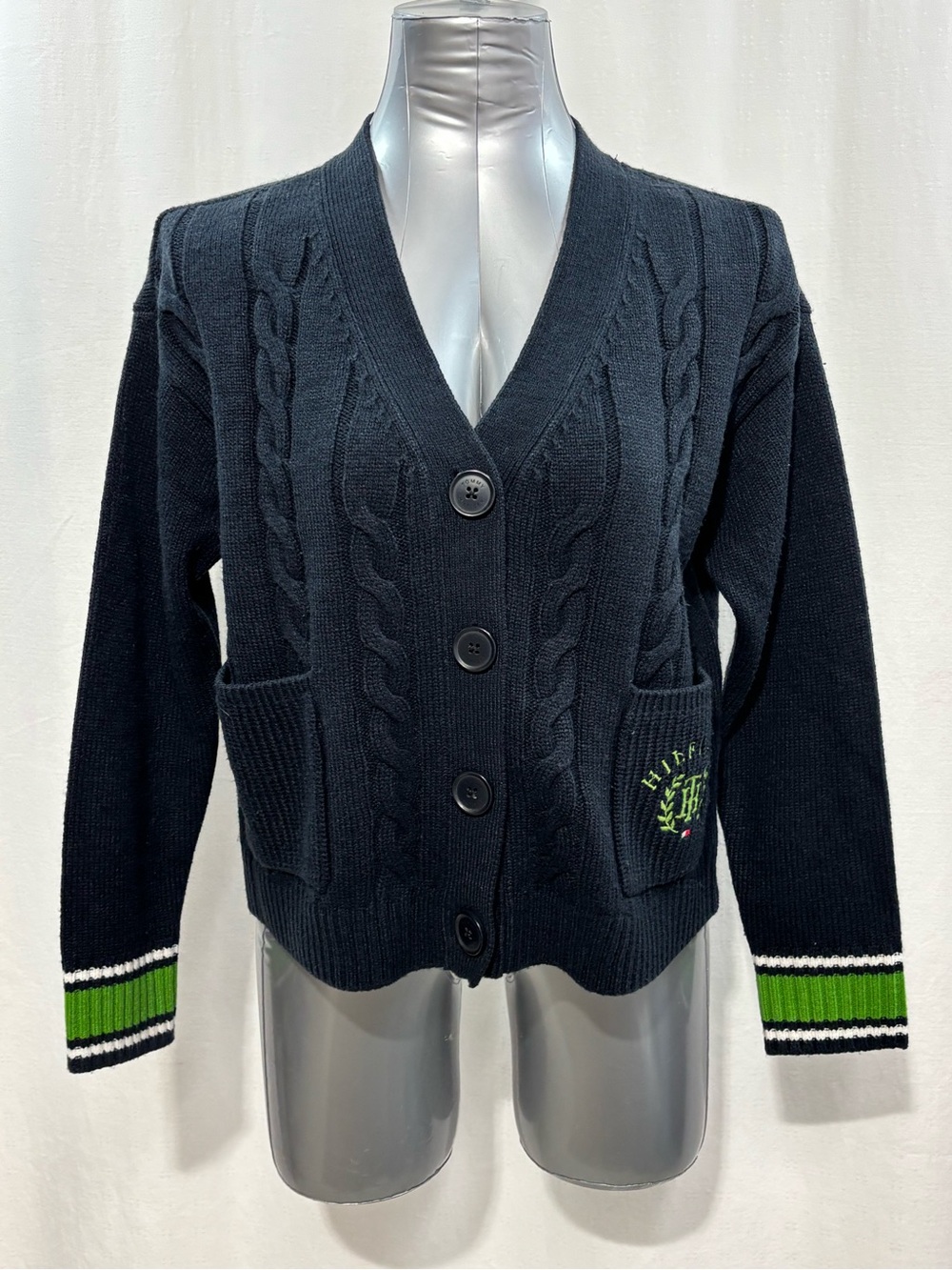 Tommy Hilfiger Preppy Varsity Cardigan Knit Sweater Navy Green Crest Small 387